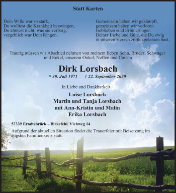 Traueranzeige von Dirk Lorsbach von Siegener Zeitung
