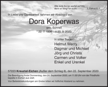 Traueranzeige von Dora Koperwas von Siegener Zeitung