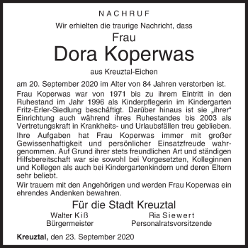 Traueranzeige von Dora Koperwas von Siegener Zeitung