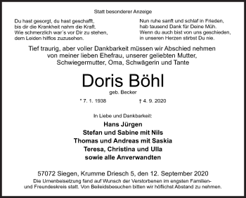 Traueranzeige von Doris Böhl von Siegener Zeitung