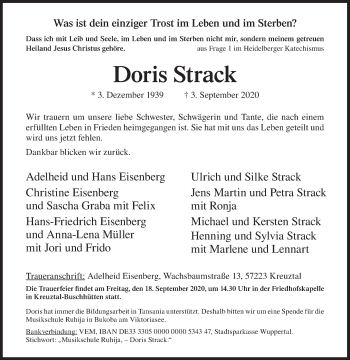 Traueranzeige von Doris Strack von Siegener Zeitung