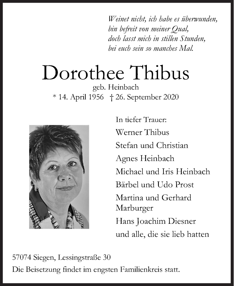  Traueranzeige für Dorothee Thibus vom 29.09.2020 aus Siegener Zeitung