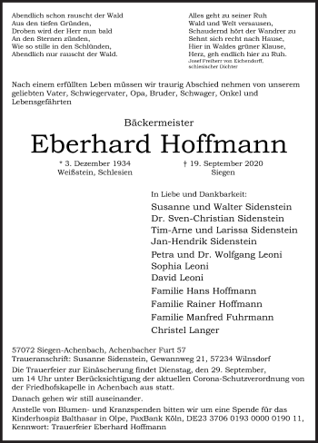 Traueranzeige von Eberhard Hoffmann von Siegener Zeitung