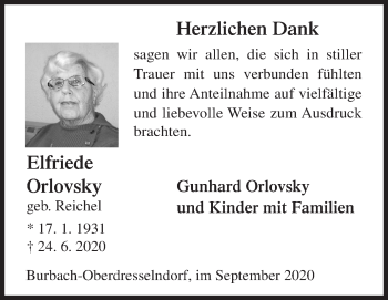 Traueranzeige von Elfriede Orlovsky von Siegener Zeitung