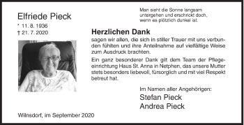 Traueranzeige von Elfriede Pieck von Siegener Zeitung
