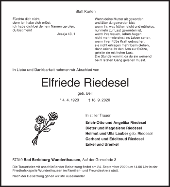 Traueranzeige von Elfriede Riedesel von Siegener Zeitung