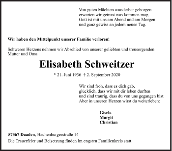 Traueranzeige von Elisabeth Schweitzer von Siegener Zeitung