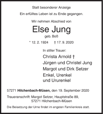 Traueranzeige von Else Jung von Siegener Zeitung