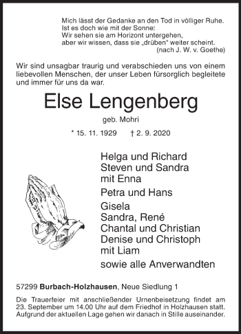 Traueranzeige von Else Lengenberg von Siegener Zeitung