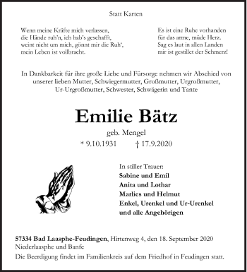 Traueranzeige von Emilie Bätz von Siegener Zeitung