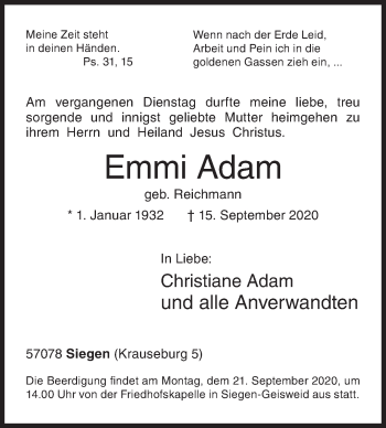 Traueranzeige von Emmi Adam von Siegener Zeitung