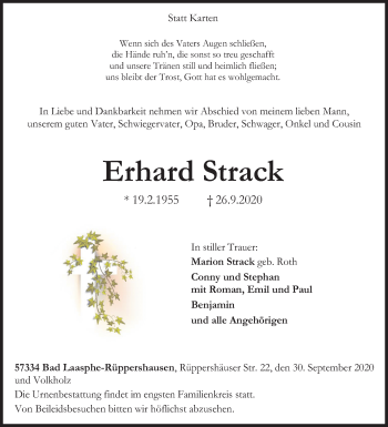 Traueranzeige von Erhard Strack von Siegener Zeitung
