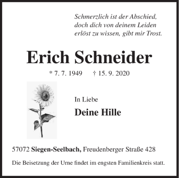 Traueranzeige von Erich Schneider von Siegener Zeitung