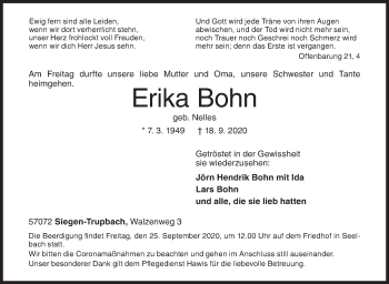 Traueranzeige von Erika Bohn von Siegener Zeitung