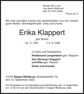 Traueranzeige von Erika Klappert von Siegener Zeitung