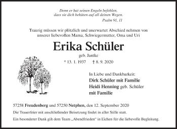 Traueranzeige von Erika Schüler von Siegener Zeitung