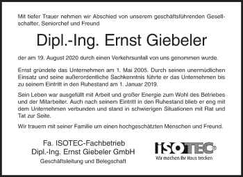 Traueranzeige von Ernst Giebeler von Siegener Zeitung