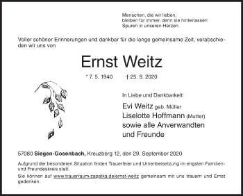 Traueranzeige von Ernst Weitz von Siegener Zeitung