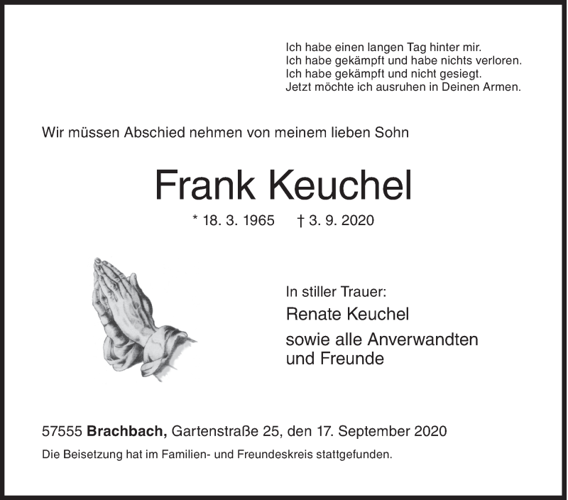  Traueranzeige für Frank Keuchel vom 17.09.2020 aus Siegener Zeitung