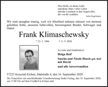 Traueranzeige von Frank Klimaschewsky von Siegener Zeitung
