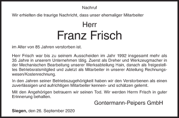 Traueranzeige von Franz Frisch von Siegener Zeitung