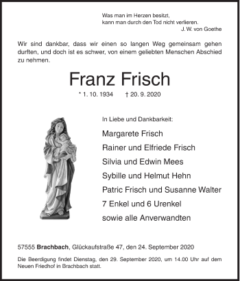 Traueranzeige von Franz Frisch von Siegener Zeitung