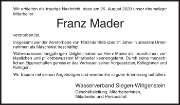 Traueranzeige von Franz Mader von Siegener Zeitung