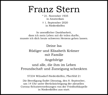 Traueranzeige von Franz Stern von Siegener Zeitung