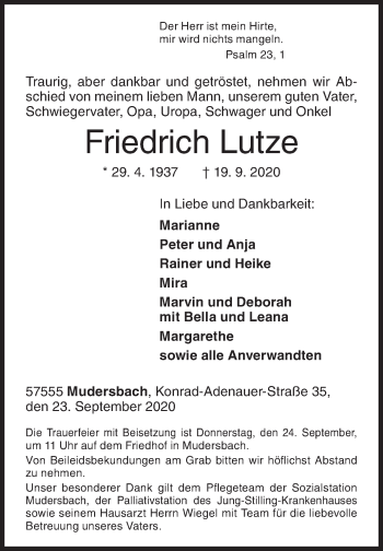 Traueranzeige von Friedrich Lutze von Siegener Zeitung
