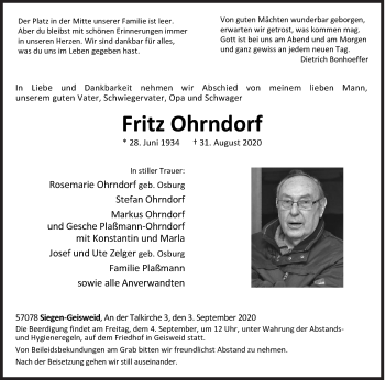 Traueranzeige von Fritz Ohrndorf von Siegener Zeitung