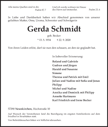 Traueranzeige von Gerda Schmidt von Siegener Zeitung