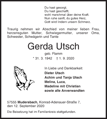 Traueranzeige von Gerda Utsch von Siegener Zeitung