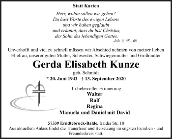 Traueranzeige von Gerda Elisabeth Kunze von Siegener Zeitung
