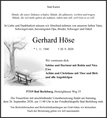 Traueranzeige von Gerhard Höse von Siegener Zeitung