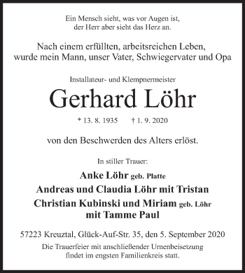 Traueranzeige von Gerhard Löhr von Siegener Zeitung