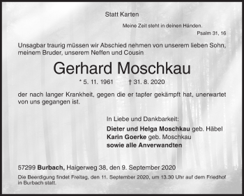 Traueranzeige von Gerhard Moschkau von Siegener Zeitung