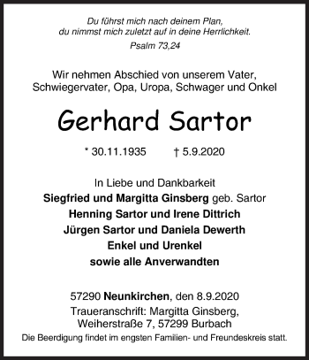 Traueranzeige von Gerhard Sartor von Siegener Zeitung