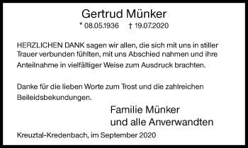 Traueranzeige von Gertrud Münker von Siegener Zeitung