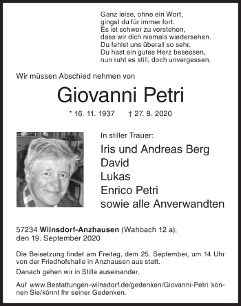 Traueranzeige von Giovanni Petri von Siegener Zeitung