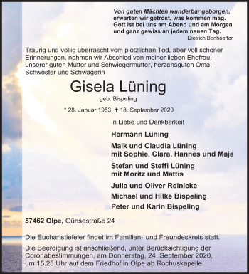 Traueranzeige von Gisela Lüning von Siegener Zeitung