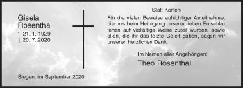 Traueranzeige von Gisela Rosenthal von Siegener Zeitung