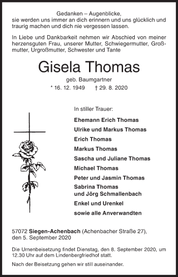 Traueranzeige von Gisela Thomas von Siegener Zeitung