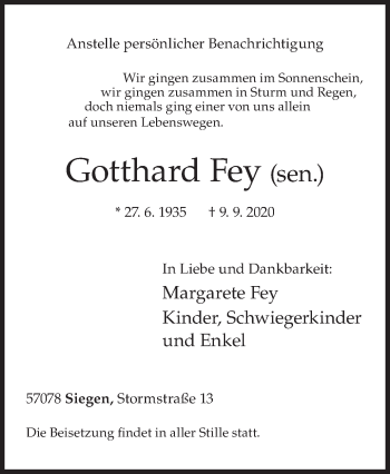 Traueranzeige von Gotthard Fey von Siegener Zeitung