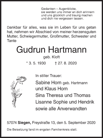 Traueranzeige von Gudrun Hartmann von Siegener Zeitung