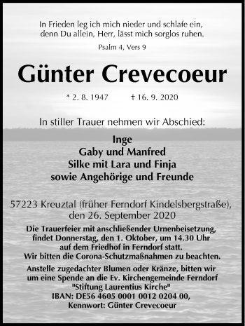 Traueranzeige von Günter Crevecoeur von Siegener Zeitung