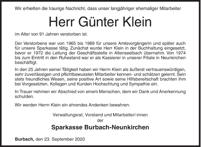  Traueranzeige für Günter Klein vom 23.09.2020 aus Siegener Zeitung