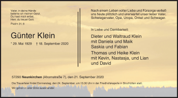 Traueranzeige von Günter Klein von Siegener Zeitung