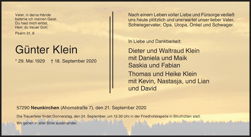  Traueranzeige für Günter Klein vom 21.09.2020 aus Siegener Zeitung