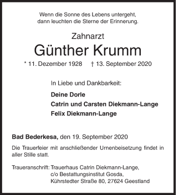 Traueranzeige von Günther Krumm von Siegener Zeitung