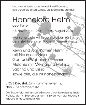 Traueranzeige von Hannelore Helm von Siegener Zeitung